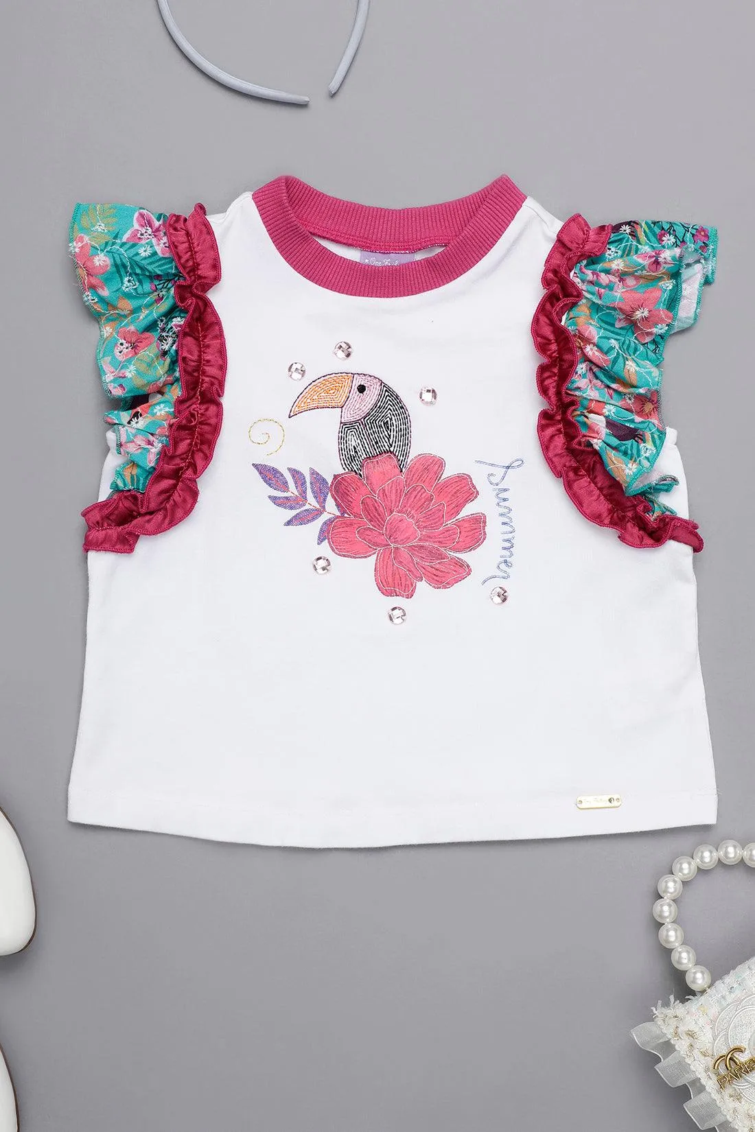 One Friday Kids Girls Round Neck White Printed Top