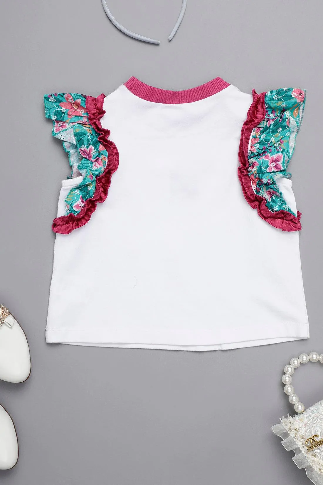 One Friday Kids Girls Round Neck White Printed Top