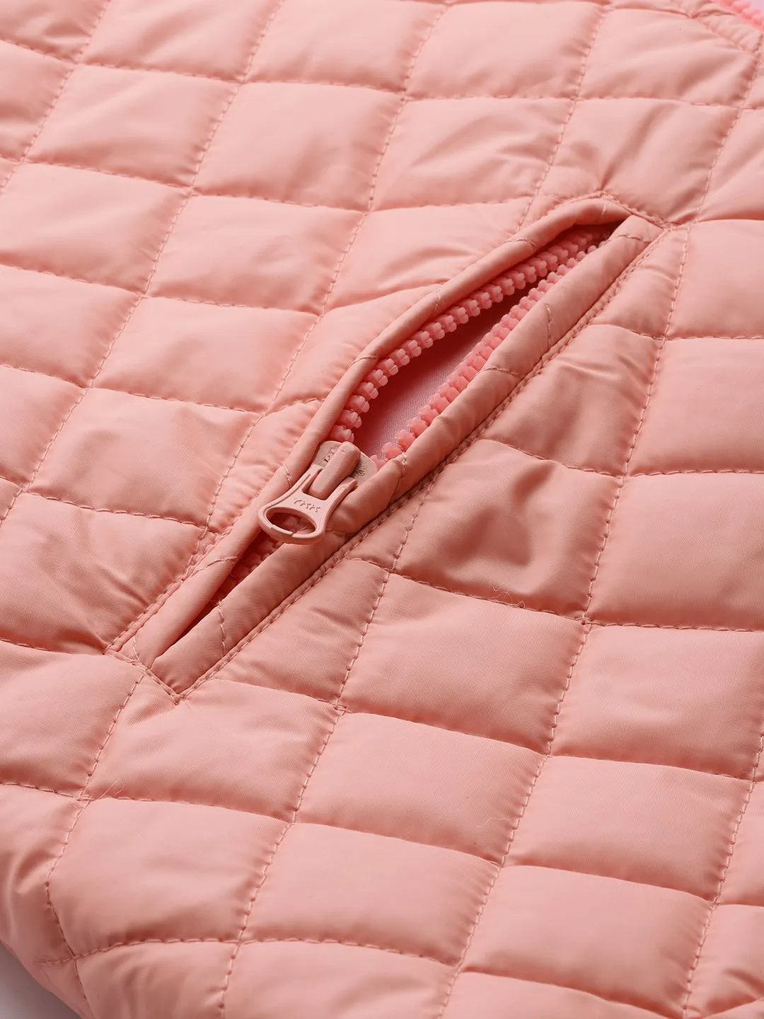 Peach Drawstring Quilted Bomber Jacket