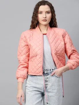 Peach Drawstring Quilted Bomber Jacket