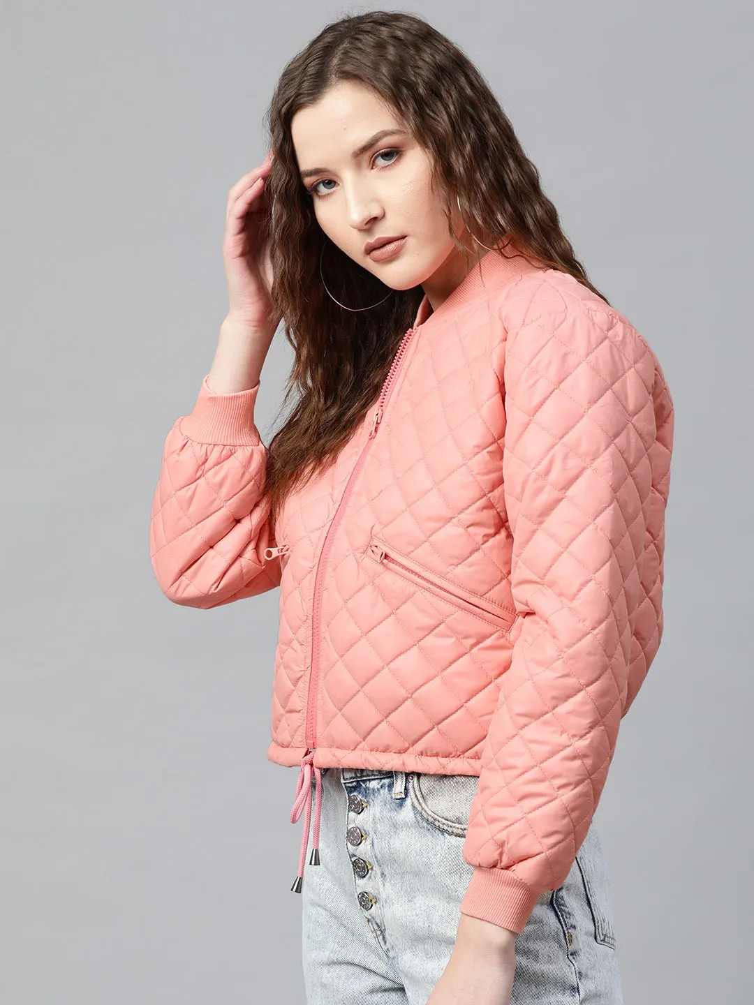 Peach Drawstring Quilted Bomber Jacket