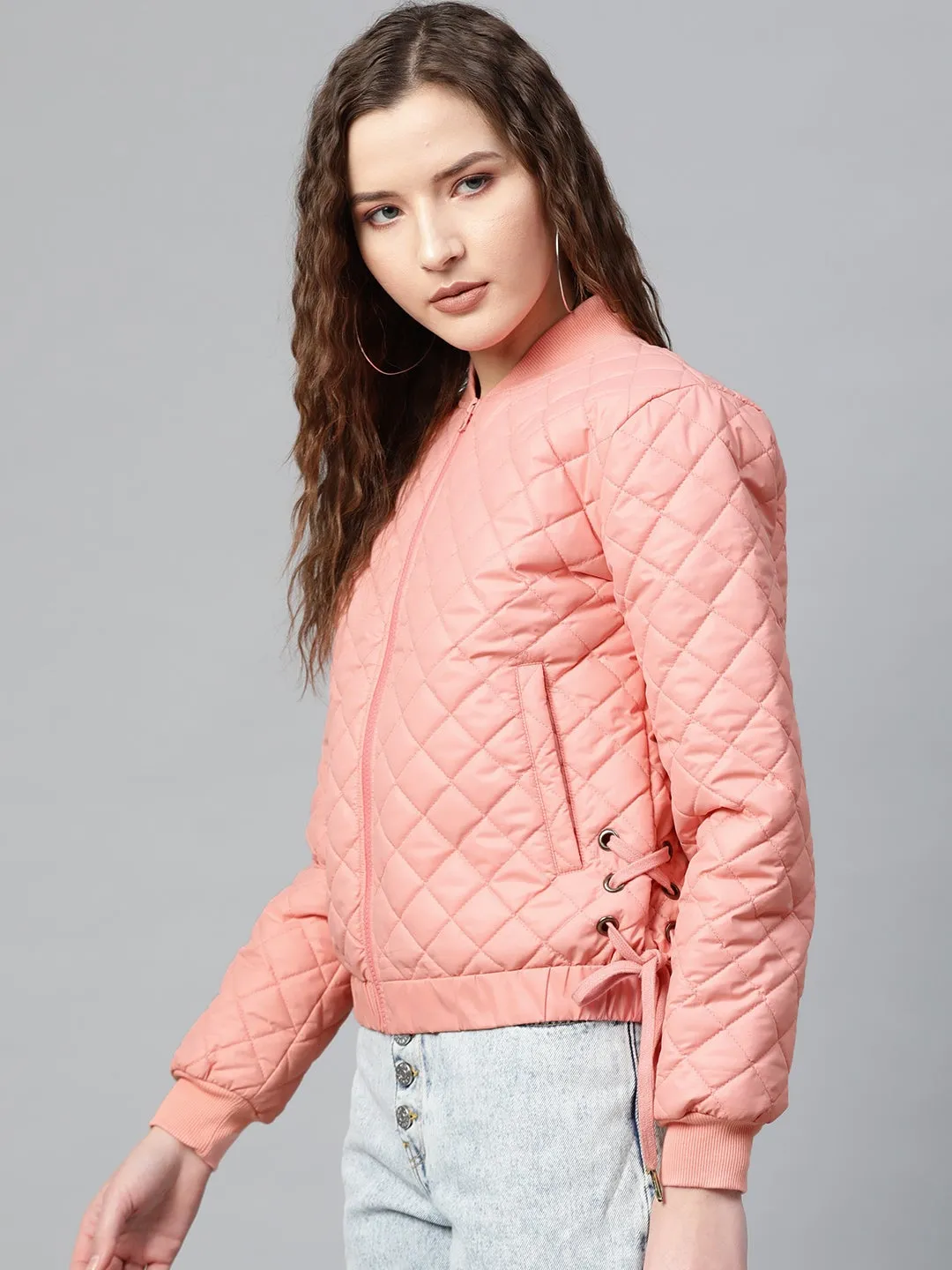 Peach Tie-Up Detail Quilted Bomber Jacket