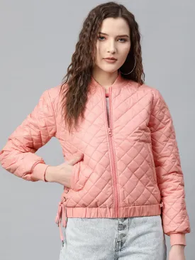 Peach Tie-Up Detail Quilted Bomber Jacket