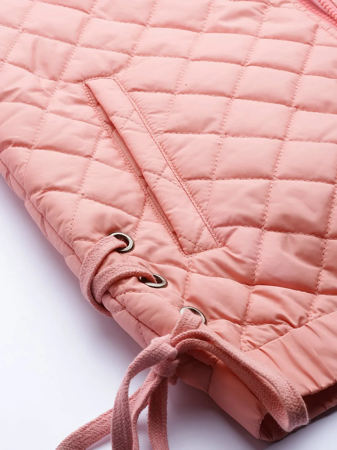 Peach Tie-Up Detail Quilted Bomber Jacket