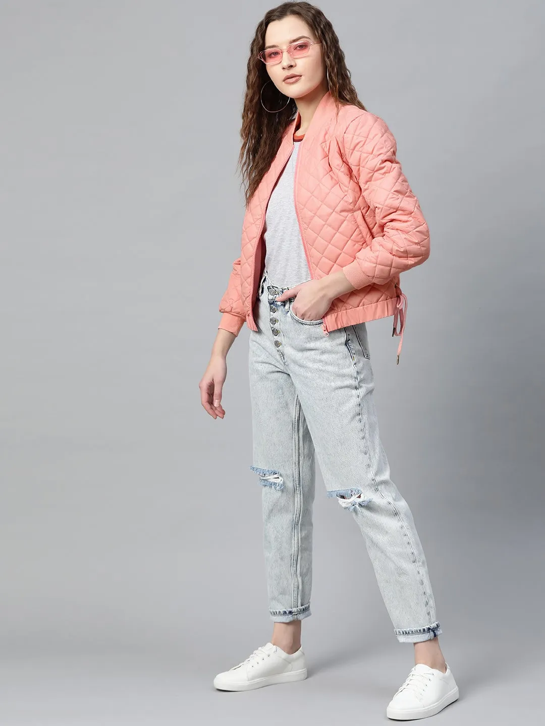 Peach Tie-Up Detail Quilted Bomber Jacket