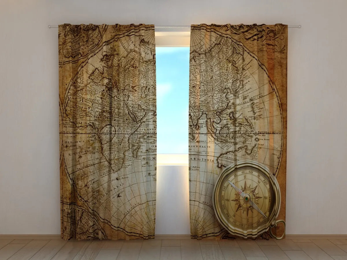 Photo Curtain Old Compass on the Map