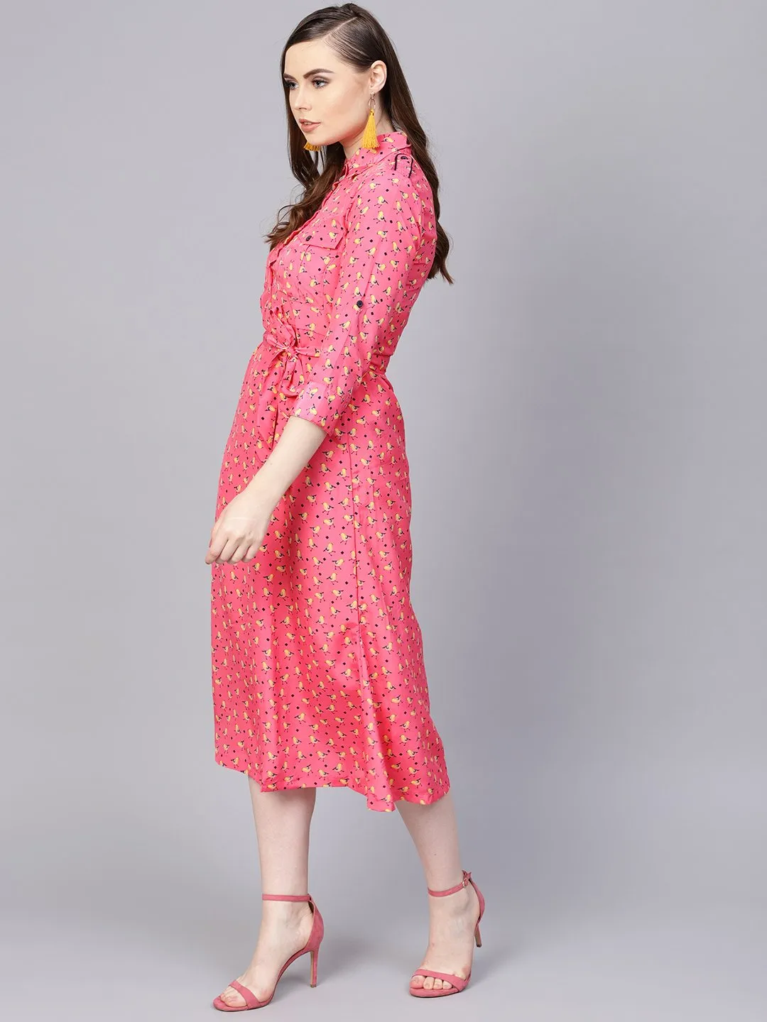 Pink 3/4Th Sleeve A-Line Dress With Belt