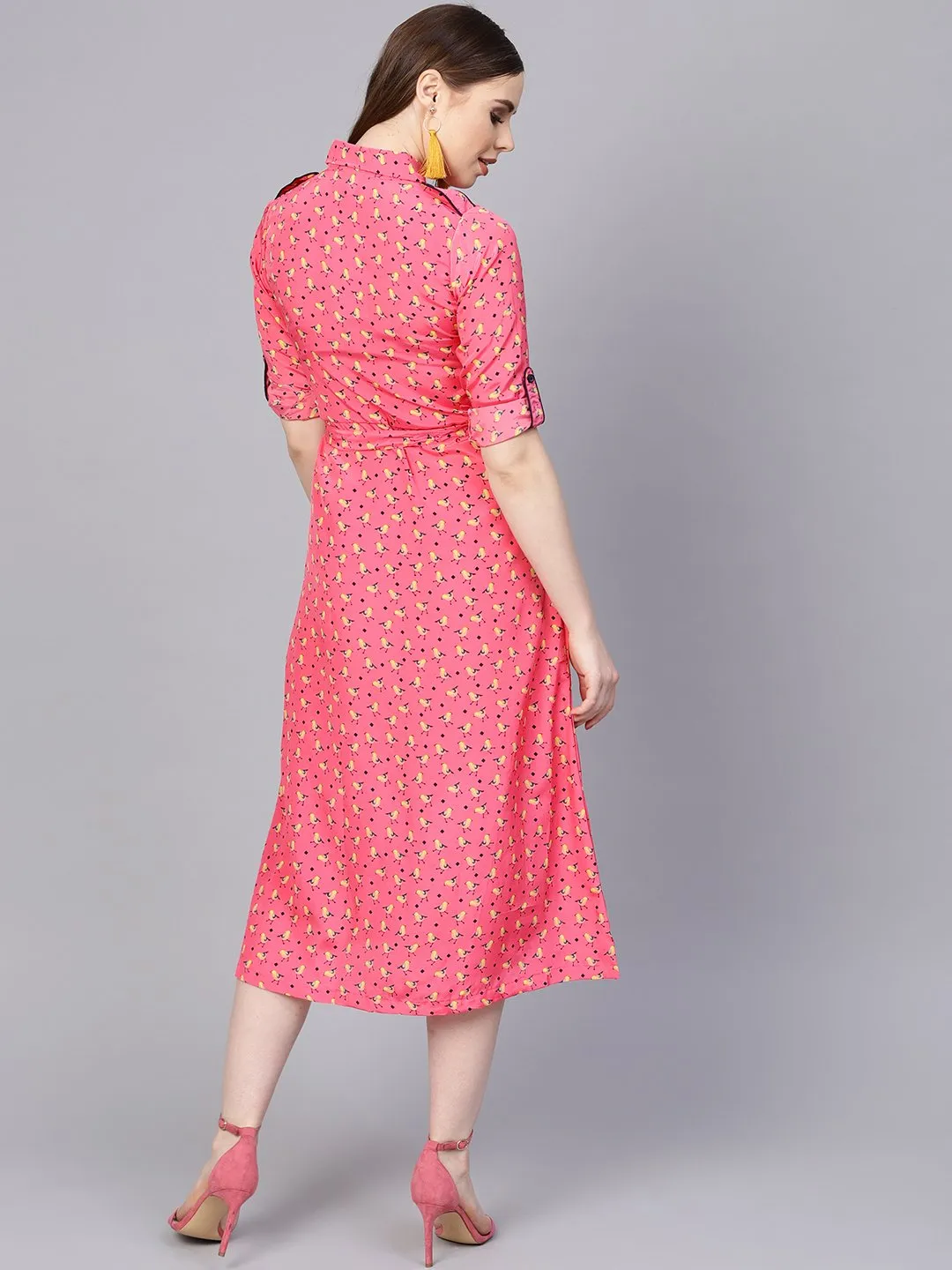 Pink 3/4Th Sleeve A-Line Dress With Belt