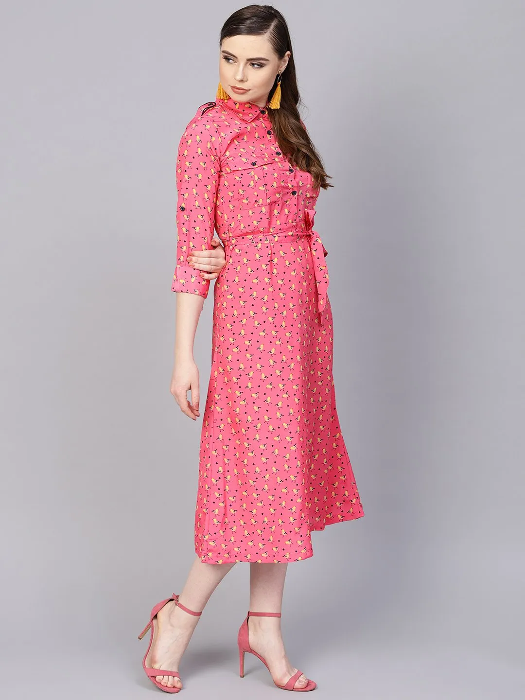 Pink 3/4Th Sleeve A-Line Dress With Belt