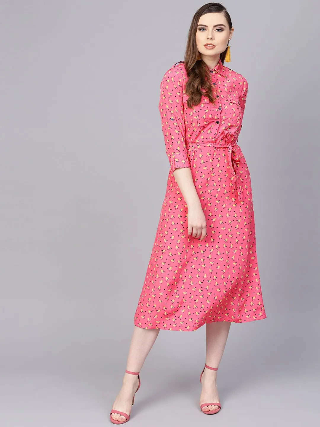 Pink 3/4Th Sleeve A-Line Dress With Belt