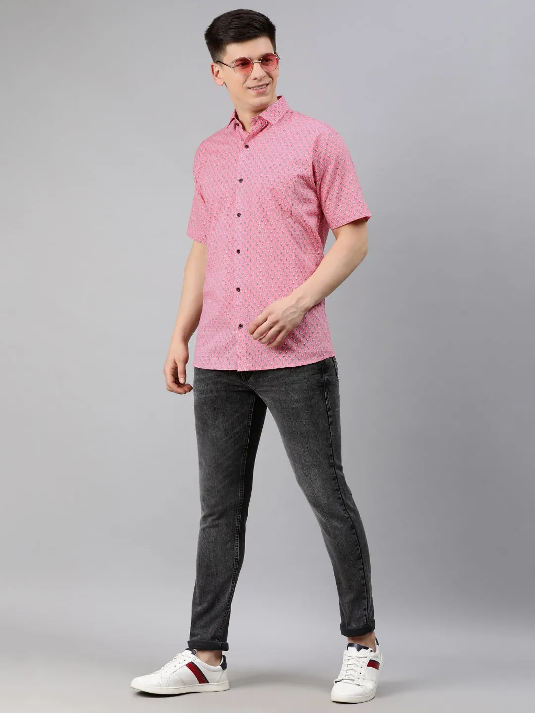 Pink Cotton Short Sleeves Shirts For Men-Mmh025