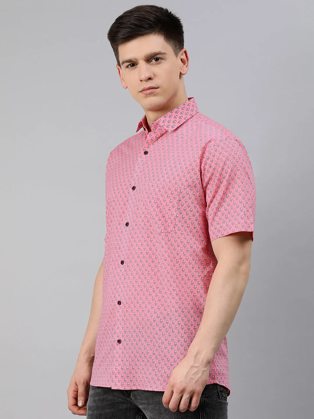 Pink Cotton Short Sleeves Shirts For Men-Mmh025