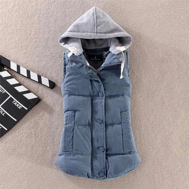 Pinky Is Black Autumn Winter Fashion Cotton Vest Women Patchwork Sleeveless Hooded Collar Casual Coat Colete Feminino Waistcoat