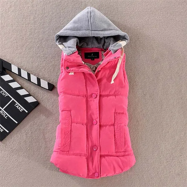 Pinky Is Black Autumn Winter Fashion Cotton Vest Women Patchwork Sleeveless Hooded Collar Casual Coat Colete Feminino Waistcoat