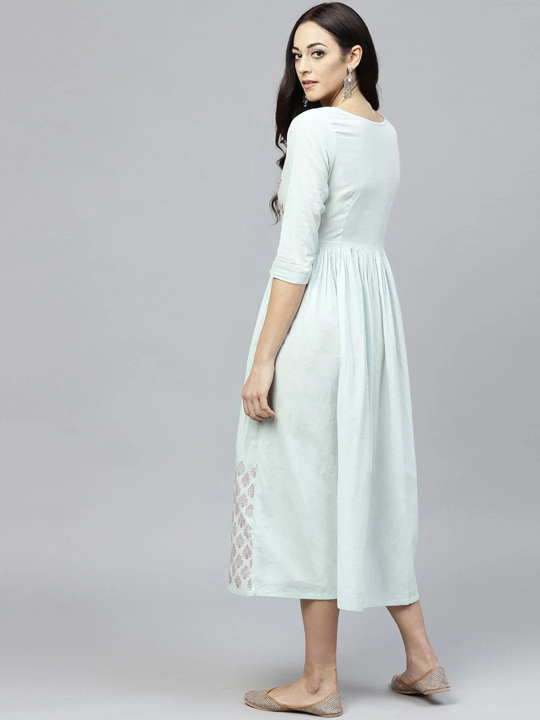 Powder Blue Block Printed Dress With Round Neck And 3/4 Sleeves