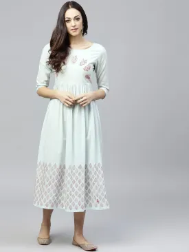 Powder Blue Block Printed Dress With Round Neck And 3/4 Sleeves