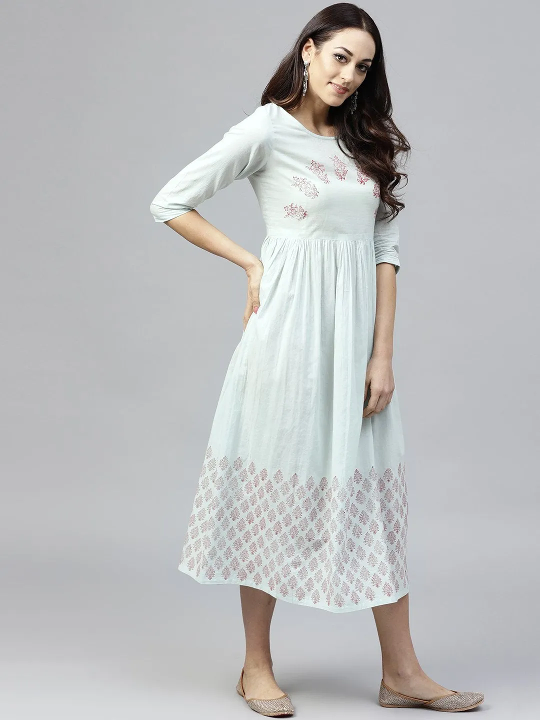 Powder Blue Block Printed Dress With Round Neck And 3/4 Sleeves