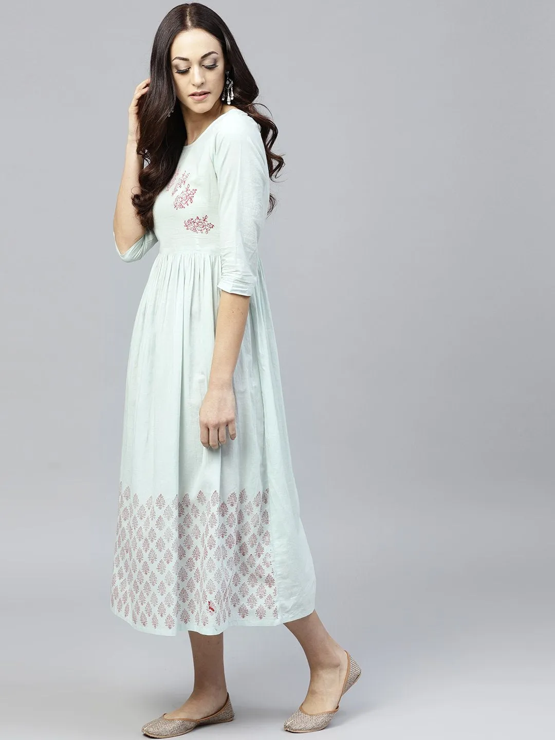 Powder Blue Block Printed Dress With Round Neck And 3/4 Sleeves