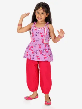 Printed Cotton Indo Westren Top with Harem Dhoti Suit Set for Girls- Purple