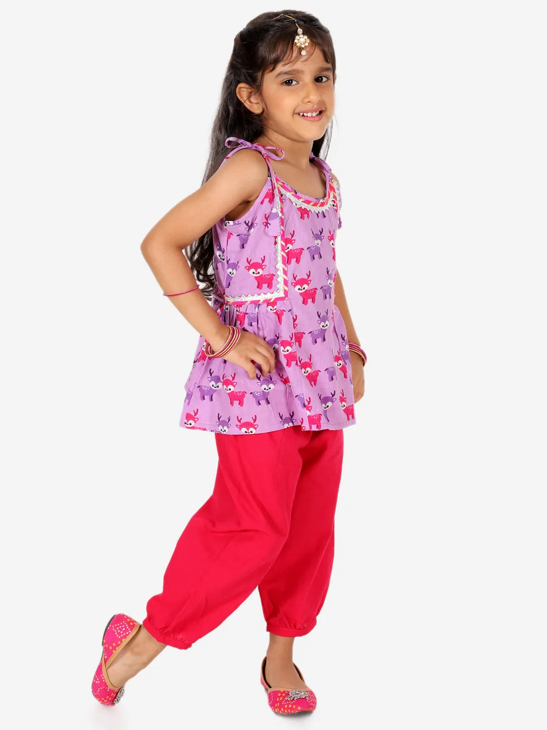 Printed Cotton Indo Westren Top with Harem Dhoti Suit Set for Girls- Purple