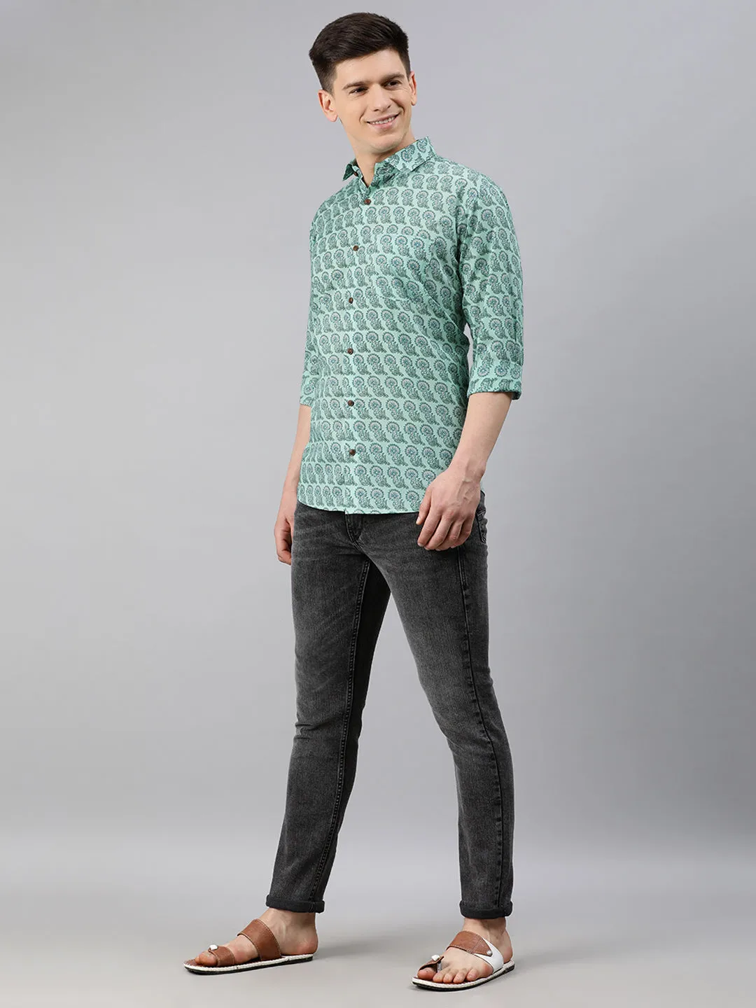 Sea Green Cotton Full Sleeves Shirts For Men-Mmf0226