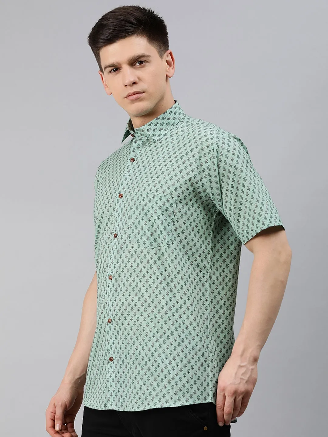 Sea Green  Cotton Short Sleeves Shirts For Men-Mmh0