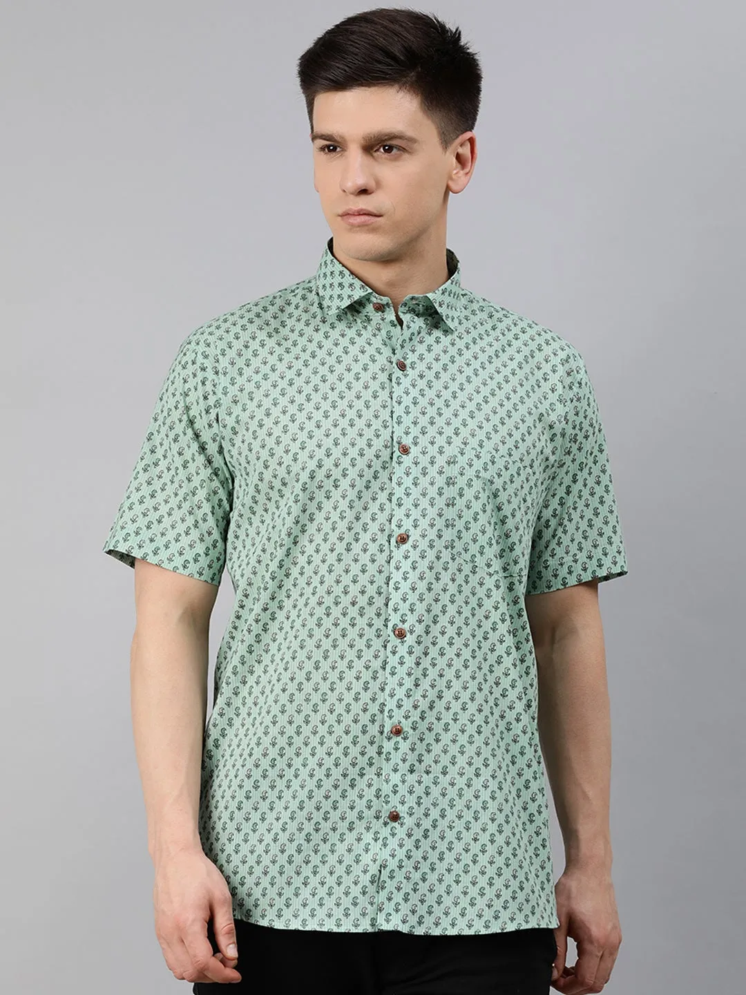 Sea Green  Cotton Short Sleeves Shirts For Men-Mmh0