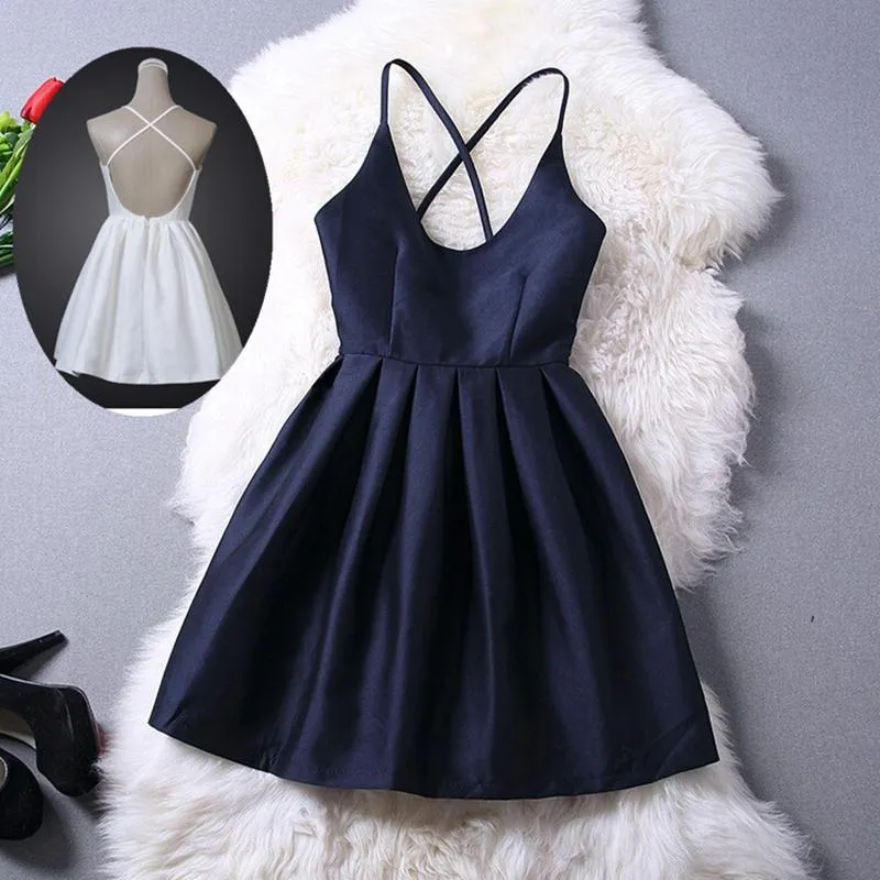 Short Navy Blue Women Dresses, Cross Back Party Dresses,Graduation Dresses