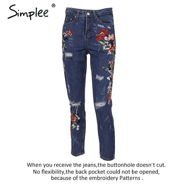 Simplee Vintage flower embroidery high waist jeans female Pocket straight jeans women bottom Light blue hole casual pants capris