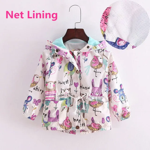 Spring Autumn Casual Girls Jackets Cartoon Print Vests Coats Graffiti Baby Outwear Hooded Zipper Toddler Girl Windbreaker