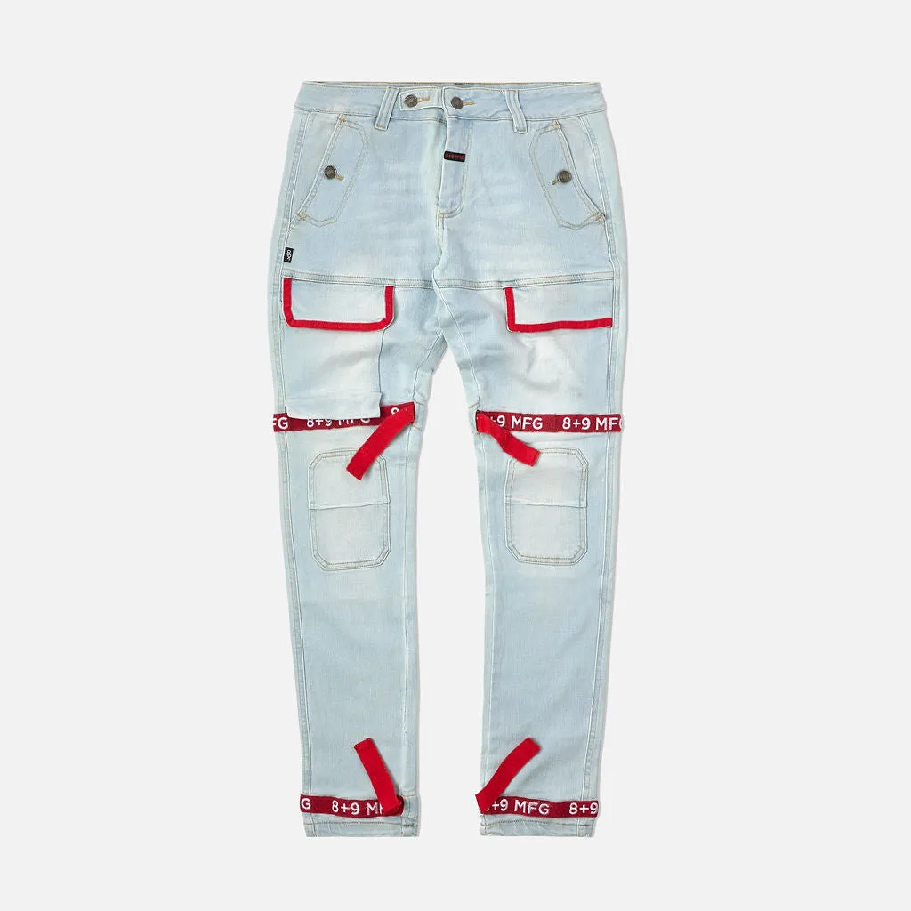 Strapped Up Slim Utility Light Washed Jeans Red Straps