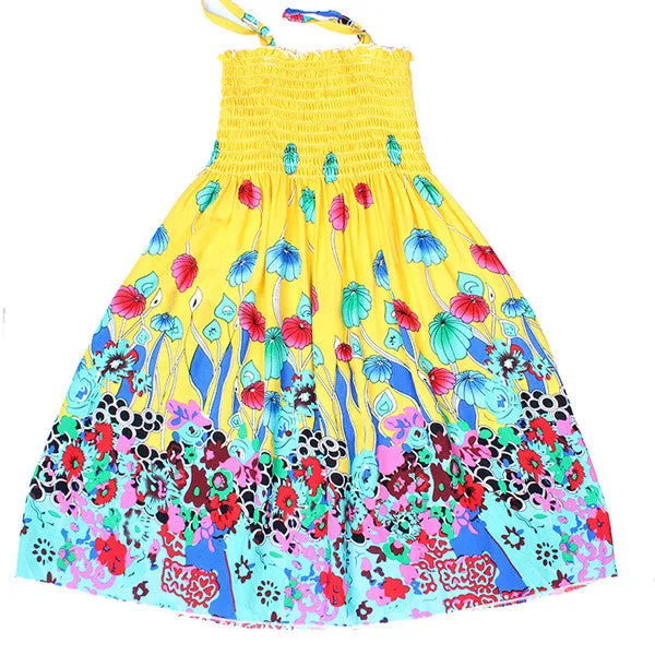 Summer Bohemian Style Girls Dress Floral Shoulderless Beading Necklace Sundress For Girls Beach Dress Clothes Vestido Infantil