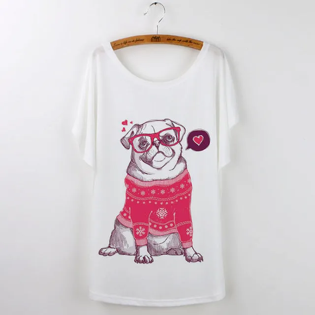 Summer Tops 2017 Funny Pug Print Women T-Shirt Female White Camisetas Tops Loose T Shirt French Bulldog Tee Shirt Femme Tshirt