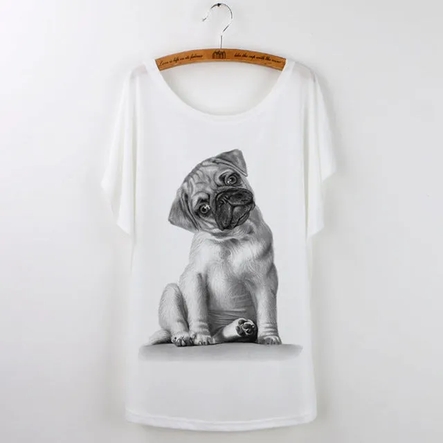 Summer Tops 2017 Funny Pug Print Women T-Shirt Female White Camisetas Tops Loose T Shirt French Bulldog Tee Shirt Femme Tshirt