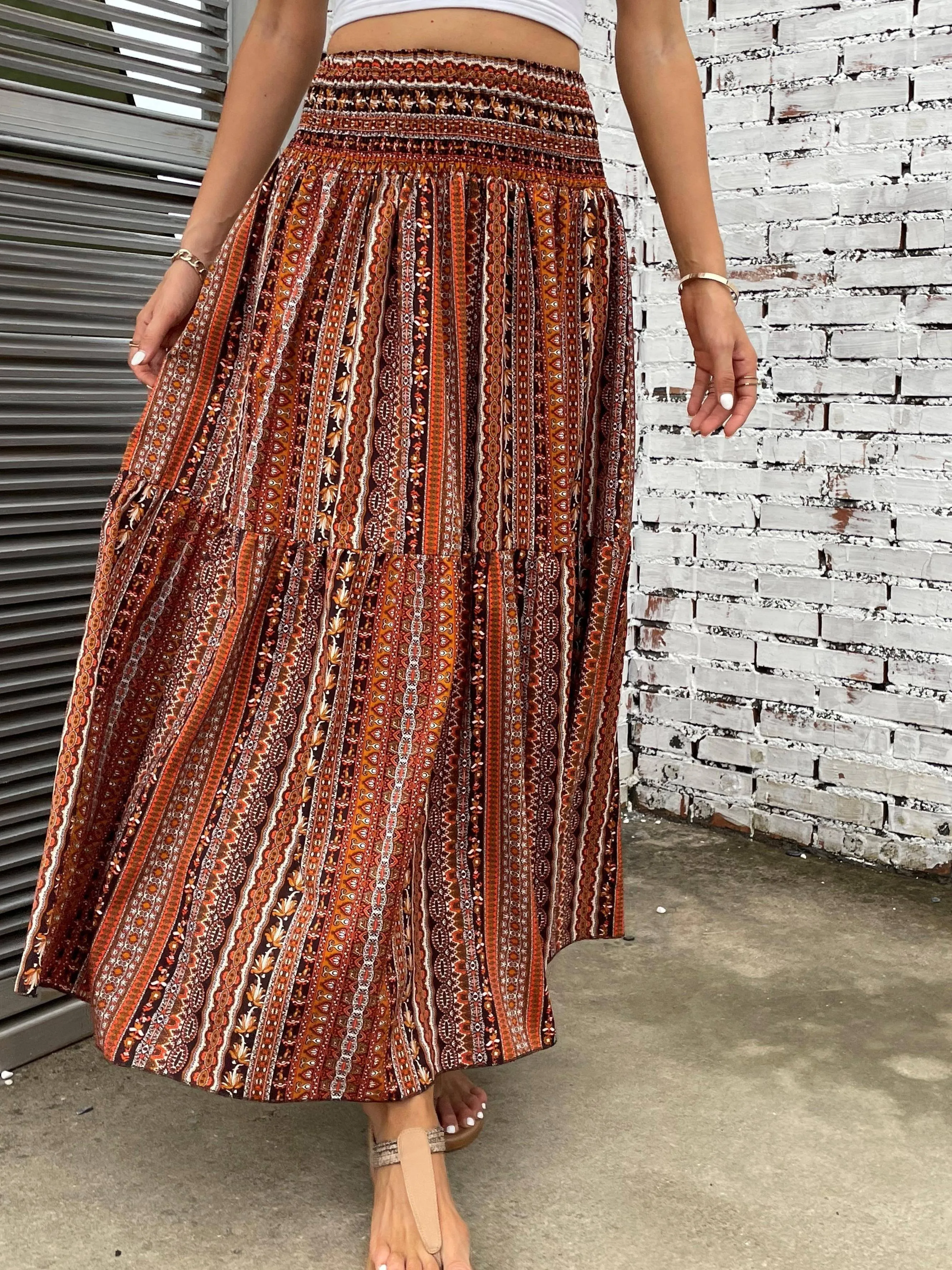 Summerready Paisley Print Shirred Waist Skirt for Women