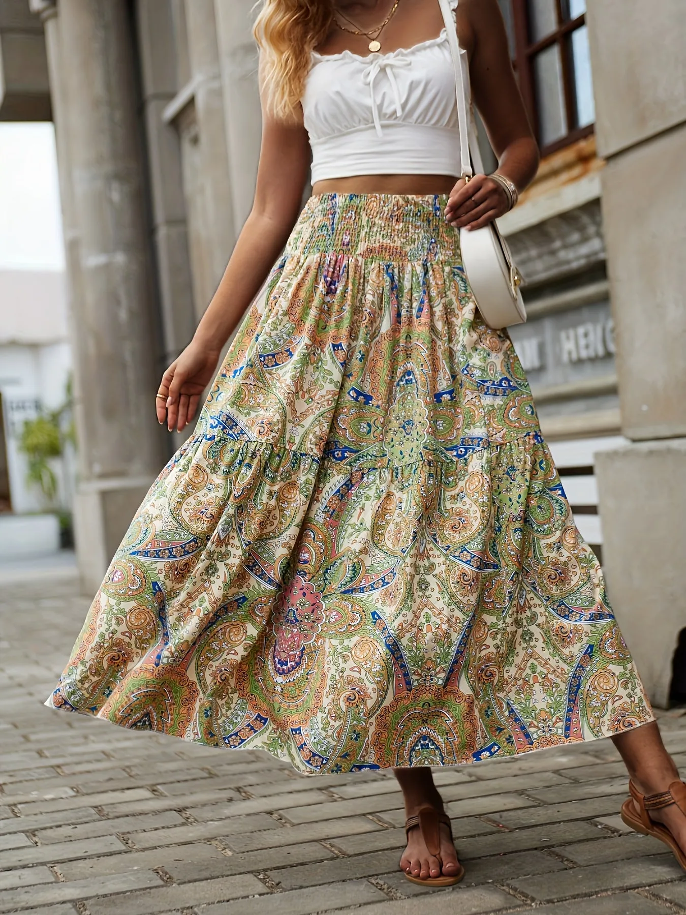 Summerready Paisley Print Shirred Waist Skirt for Women