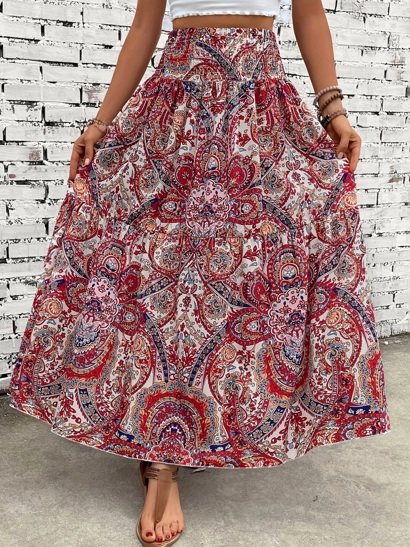 Summerready Paisley Print Shirred Waist Skirt for Women