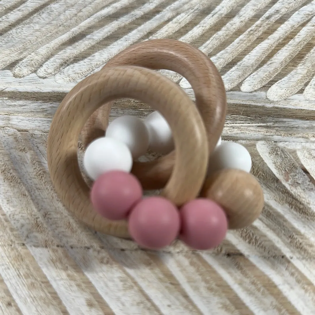 Teething Ring - 2 Ring Wood Pink Beads