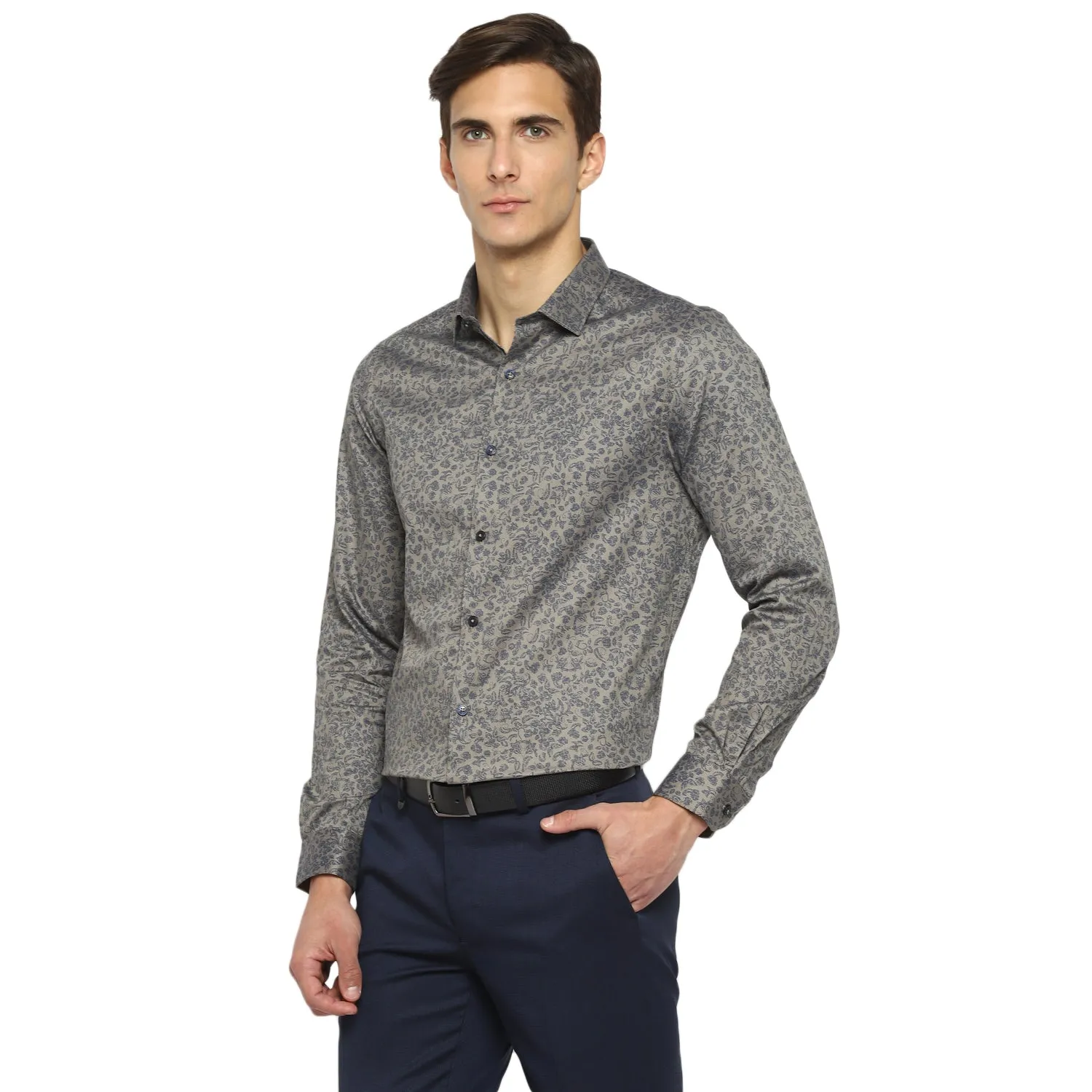 Turtle Men Grey Cotton Printed Slim Fit Shirts