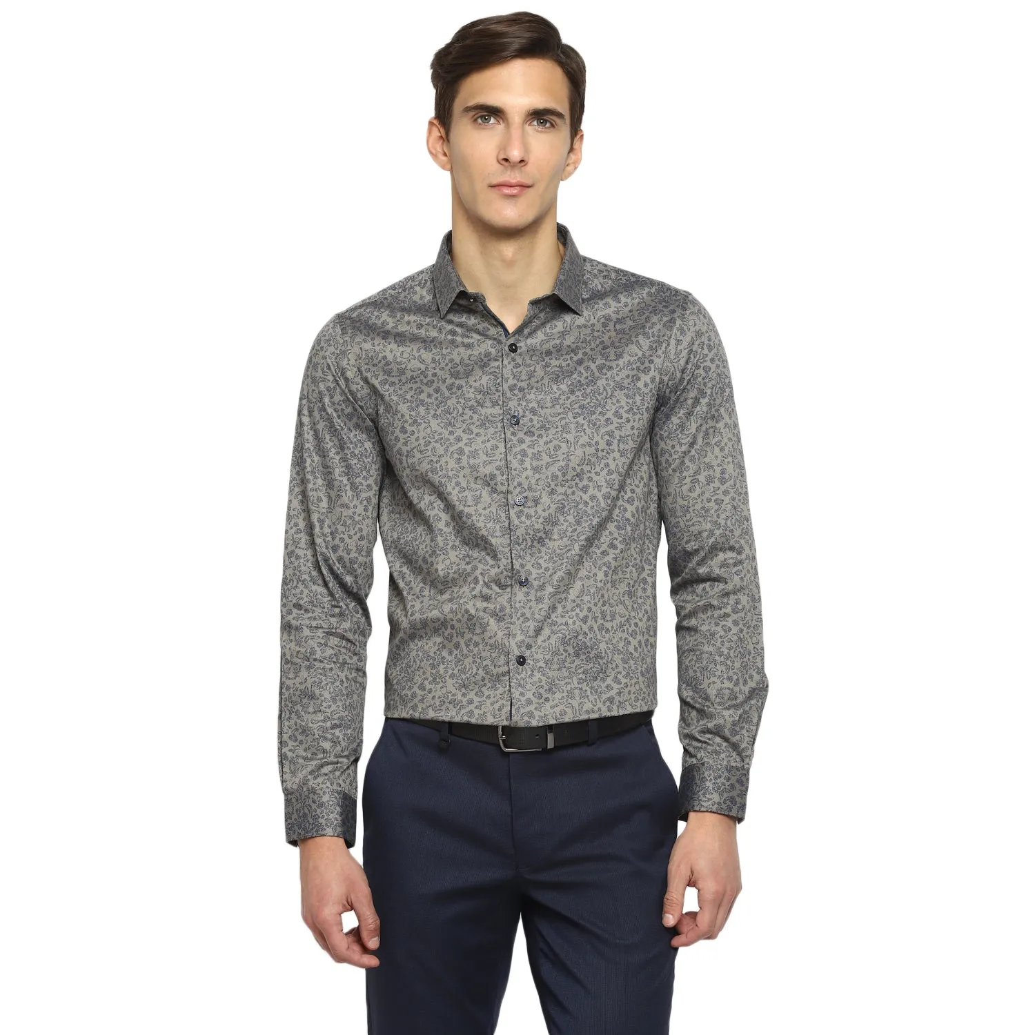 Turtle Men Grey Cotton Printed Slim Fit Shirts