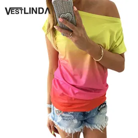 VESTLINDA Summer Women Tops Dye Print Tee Shirts Short Sleeve Gradient Color Casual One Shoulder Slash Neck Loose T Shirt Top