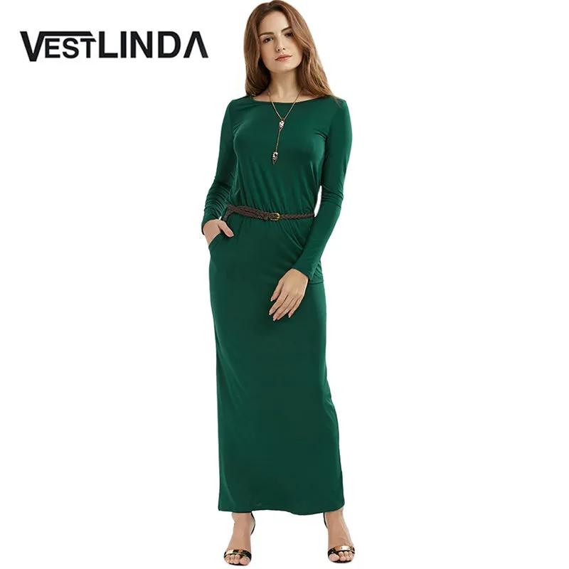 VESTLINDA Vintage Vestidos Longo Jurken Women Maxi Dress Full Sleeve Casual Dress Autumn A Line Solid Ropa Mujer Long Dress