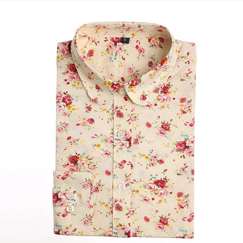 Vintage Women Shirts Long Sleeves Cotton Blouses Turn Down Collar Floral Shirts Blusas Femininas Fashion Women Shirt Tops