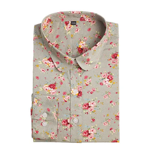 Vintage Women Shirts Long Sleeves Cotton Blouses Turn Down Collar Floral Shirts Blusas Femininas Fashion Women Shirt Tops