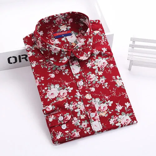 Vintage Women Shirts Long Sleeves Cotton Blouses Turn Down Collar Floral Shirts Blusas Femininas Fashion Women Shirt Tops