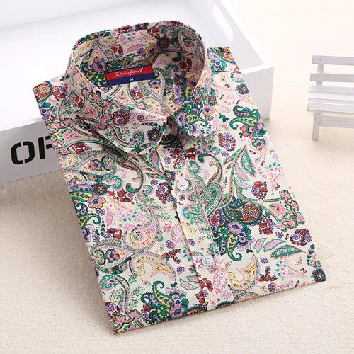 Vintage Women Shirts Long Sleeves Cotton Blouses Turn Down Collar Floral Shirts Blusas Femininas Fashion Women Shirt Tops