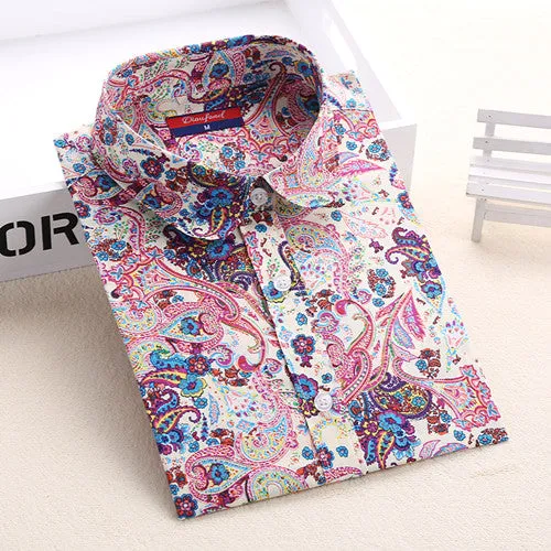 Vintage Women Shirts Long Sleeves Cotton Blouses Turn Down Collar Floral Shirts Blusas Femininas Fashion Women Shirt Tops