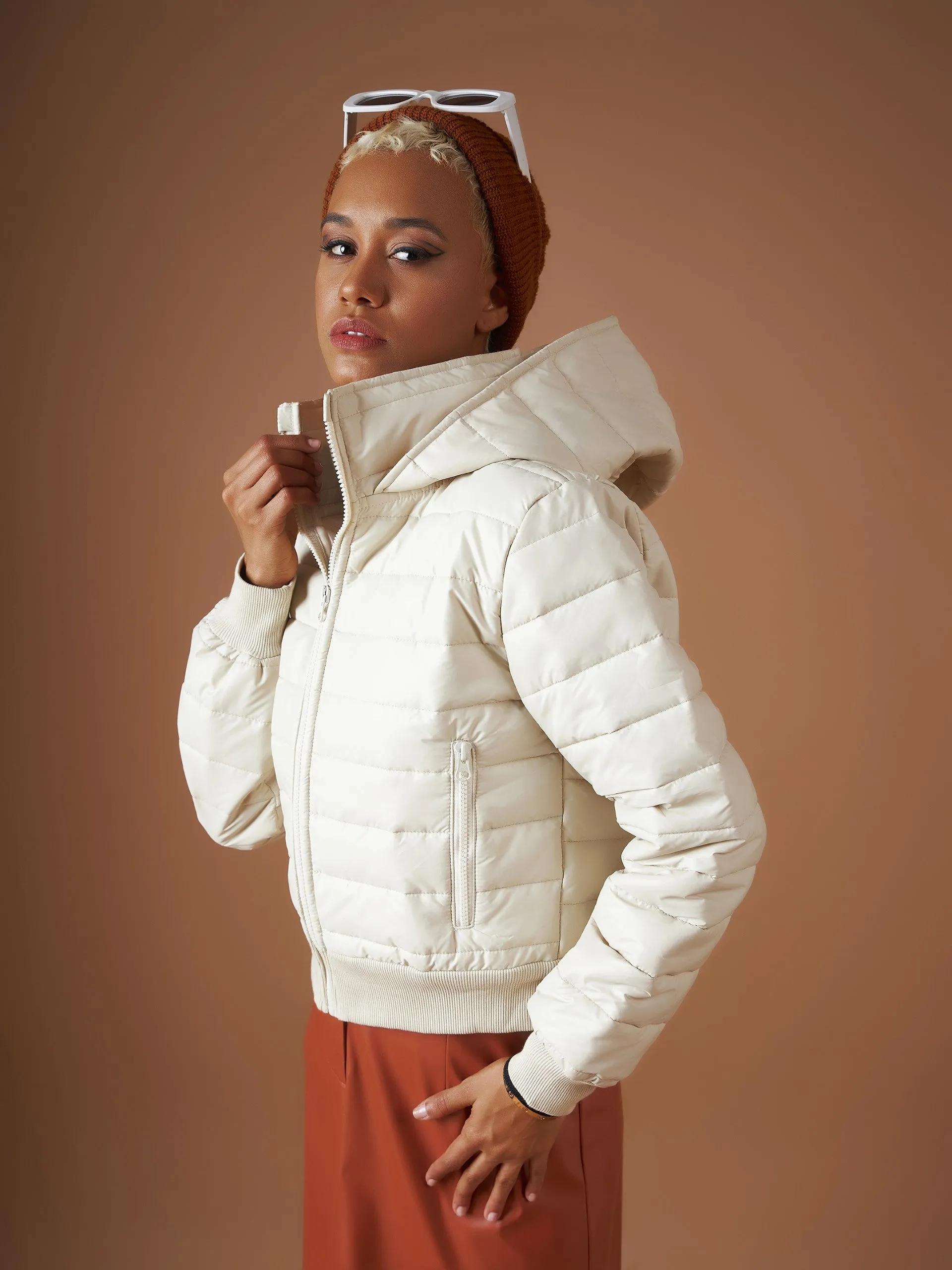 Women Beige Hooded Crop Bomber Jacket