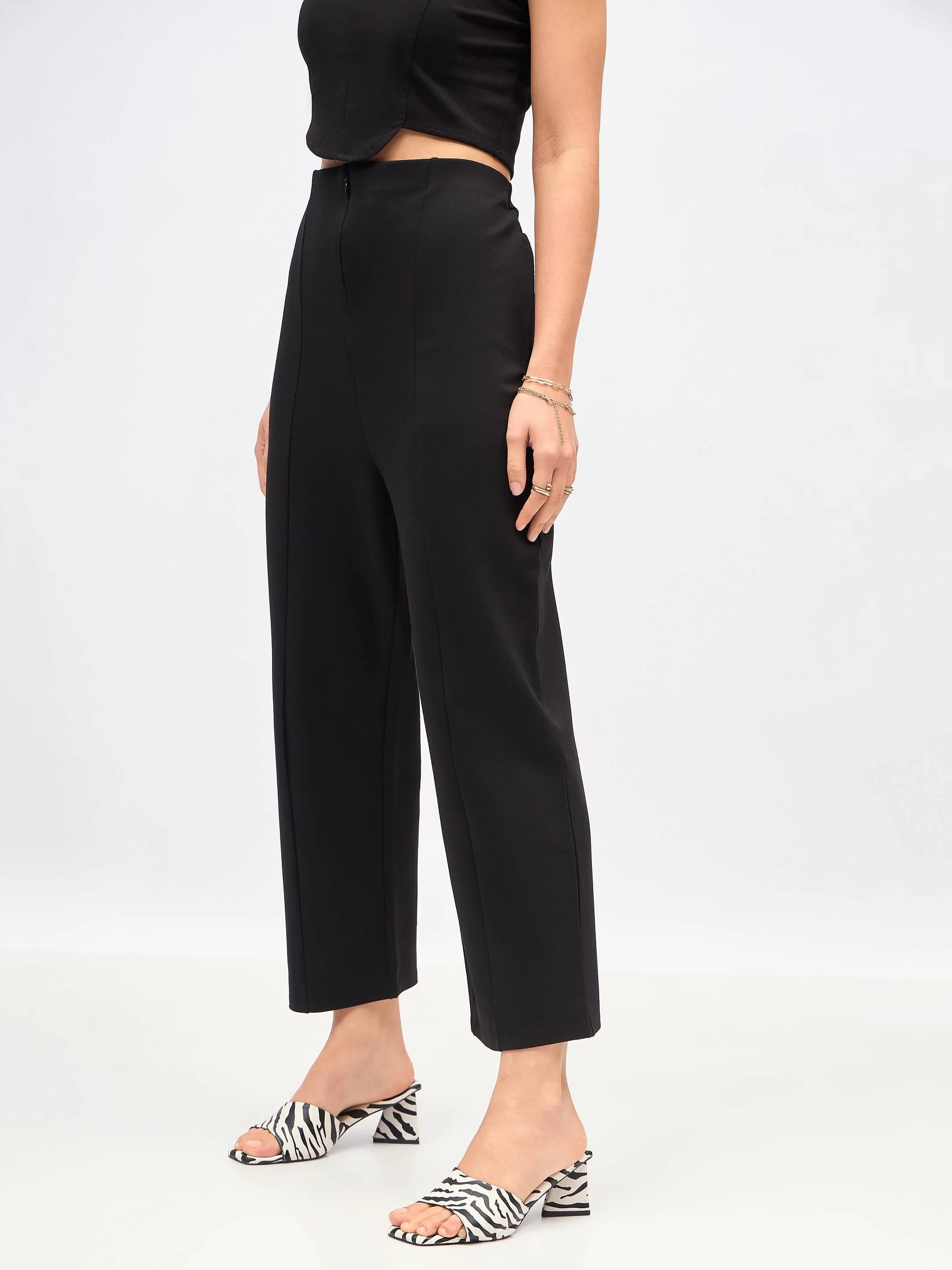 Women Black Front Darted High Waisted Pants