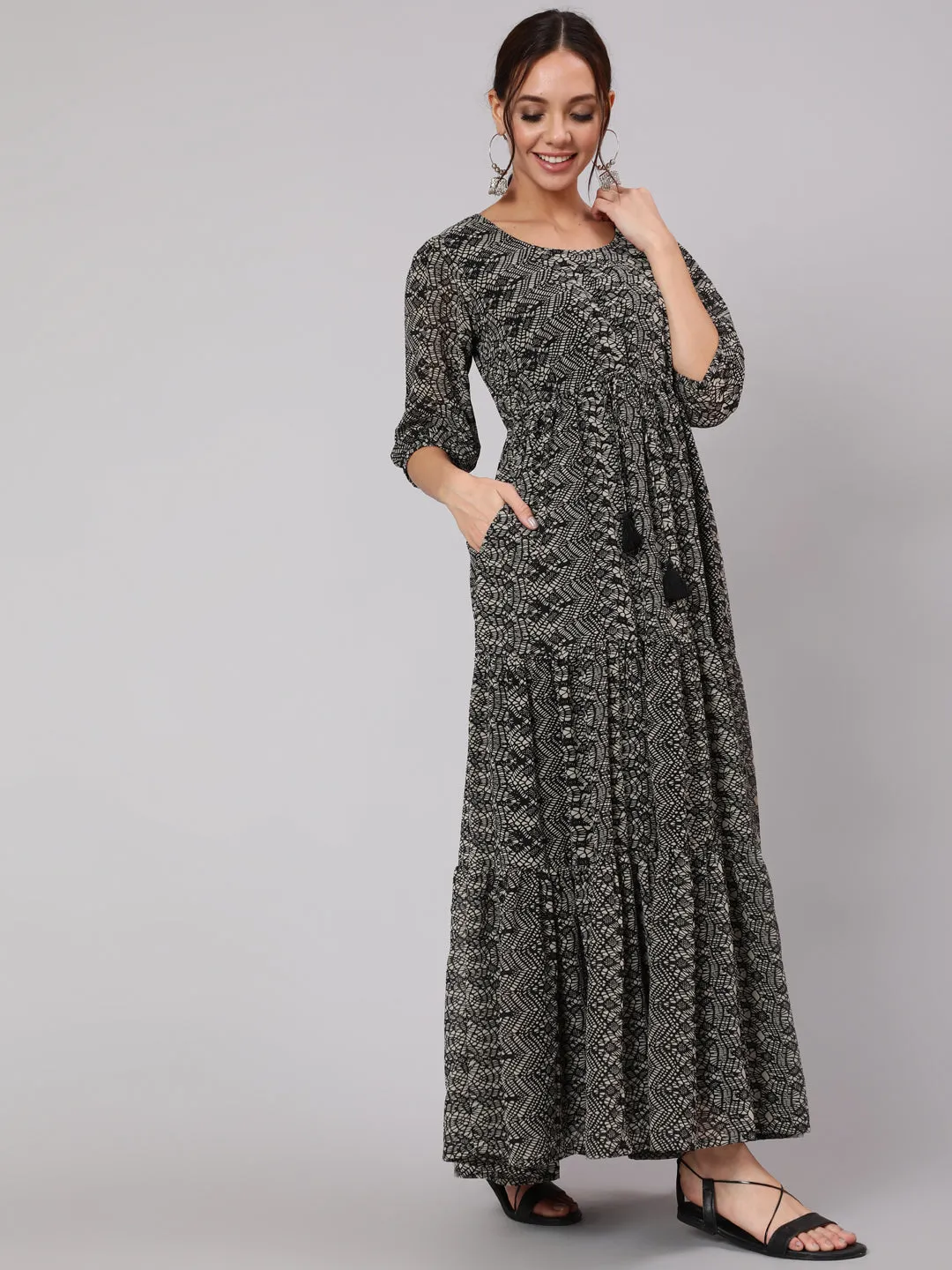 Women Black Geometric Printed Taired Dress With Three Quarter Sleeves